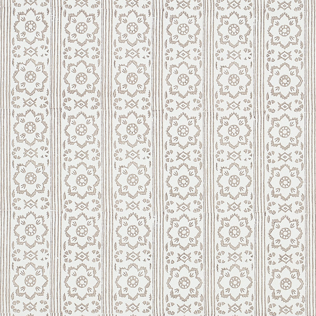 Sunda Hand Blocked Print wallpaper in grey, featuring a soft geometric pattern of stripes and medallions, handprinted for depth and dimension.