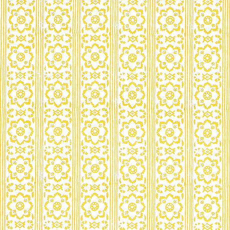 Sunda Hand Blocked Print wallpaper in yellow, featuring a geometric medallion and stripe pattern, handprinted for depth and dimension.