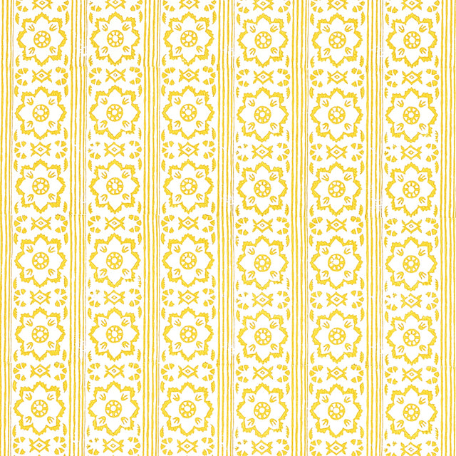 Sunda Hand Blocked Print wallpaper in yellow, featuring a geometric medallion and stripe pattern, handprinted for depth and dimension.