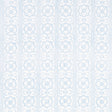 Sunda Hand Blocked Print wallpaper in Sky by Schumacher, featuring a soft geometric pattern with stripes and medallions in blue and white.