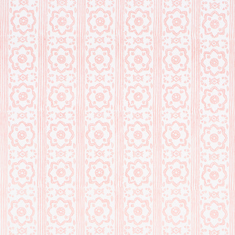 Sunda Hand Blocked Print wallpaper in blush by Schumacher, featuring a soft geometric pattern with stripes and medallions, handprinted for depth and dimension.