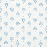 Dahlia Hand Blocked Print wallpaper in blue, featuring a simple floral motif hand printed with traditional block printing techniques.