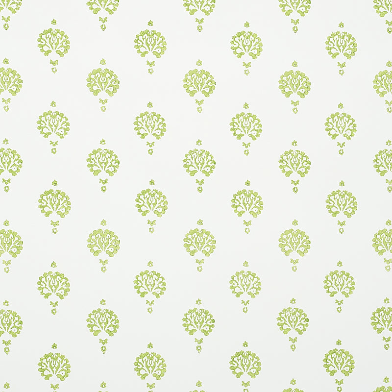 Dahlia Hand Blocked Print wallpaper in Leaf green, a hand-printed floral motif on white background by Schumacher.