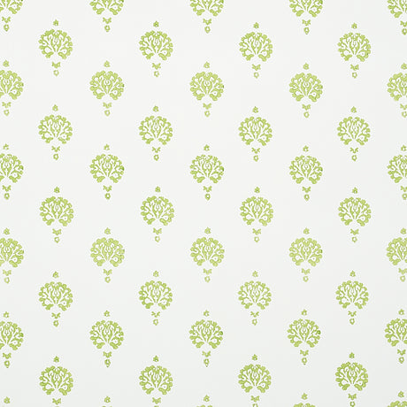 Dahlia Hand Blocked Print wallpaper in Leaf green, a hand-printed floral motif on white background by Schumacher.