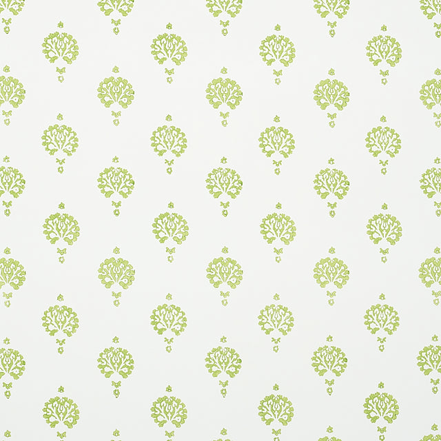 Dahlia Hand Blocked Print wallpaper in Leaf green, a hand-printed floral motif on white background by Schumacher.