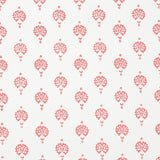 Dahlia Hand Blocked Print wallpaper in red, featuring a traditional floral motif hand printed with block printing technique, shown in a bathroom setting.