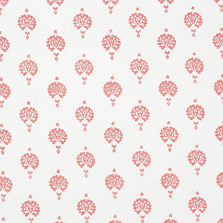 Dahlia Hand Blocked Print wallpaper in red, featuring a traditional floral motif hand printed with block printing technique, shown in a bathroom setting.