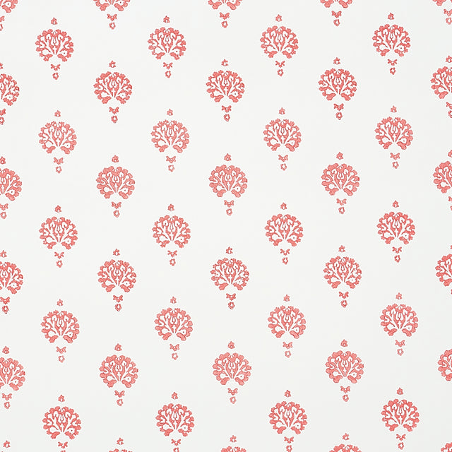 Dahlia Hand Blocked Print wallpaper in red, featuring a traditional floral motif hand printed with block printing technique, shown in a bathroom setting.