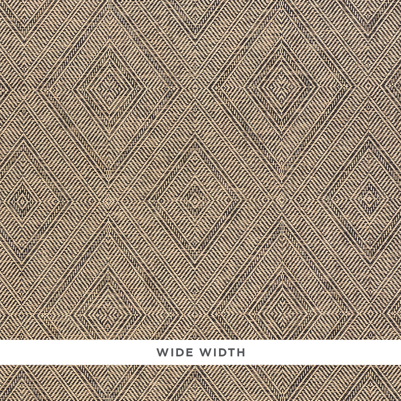 TORTOLA PAPERWEAVE in Carbon by Schumacher. Diamond pattern woven wallcovering in a neutral and black colorway, shown in a styled bedroom and close-up detail.