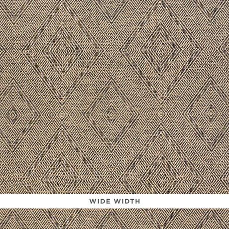 TORTOLA PAPERWEAVE in Carbon by Schumacher. Diamond pattern woven wallcovering in a neutral and black colorway, shown in a styled bedroom and close-up detail.