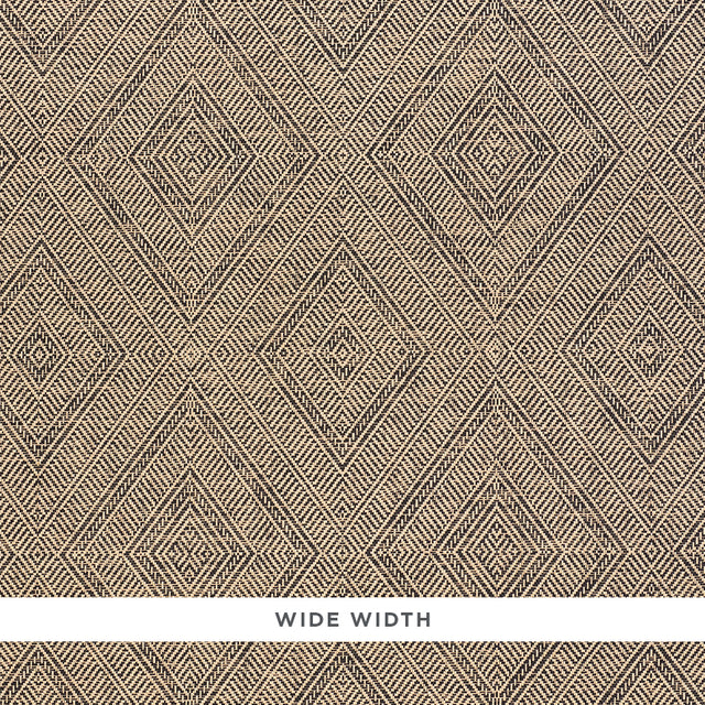 TORTOLA PAPERWEAVE in Carbon by Schumacher. Diamond pattern woven wallcovering in a neutral and black colorway, shown in a styled bedroom and close-up detail.