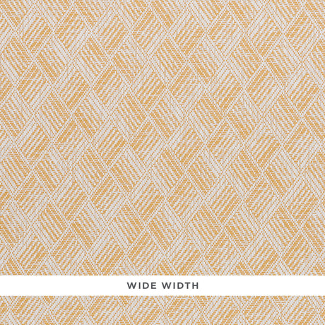 Ashberg Paperweave yellow basketweave textured wallpaper by Schumacher, shown in close-up and room setting.