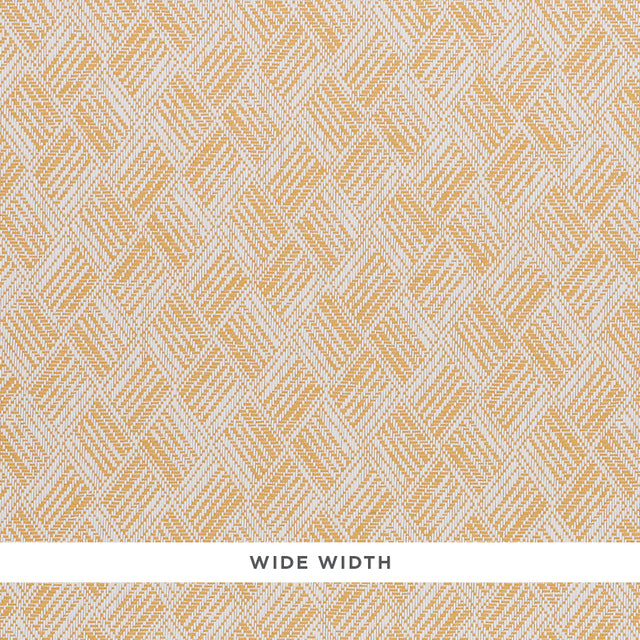 Ashberg Paperweave yellow basketweave textured wallpaper by Schumacher, shown in close-up and room setting.