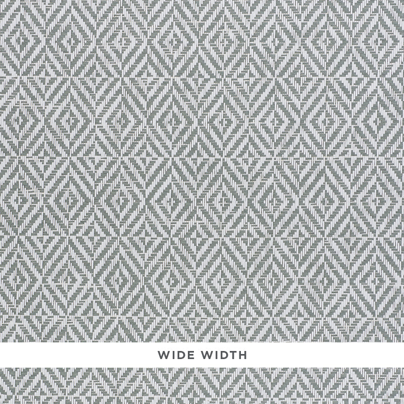 JUBILEE PAPERWEAVE grey woven geometric wallpaper by Schumacher, shown in close-up and room setting.