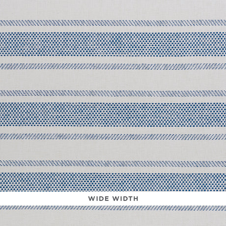 Oxnard Paperweave blue and white woven stripe wallpaper by Schumacher, shown in close-up and room setting
