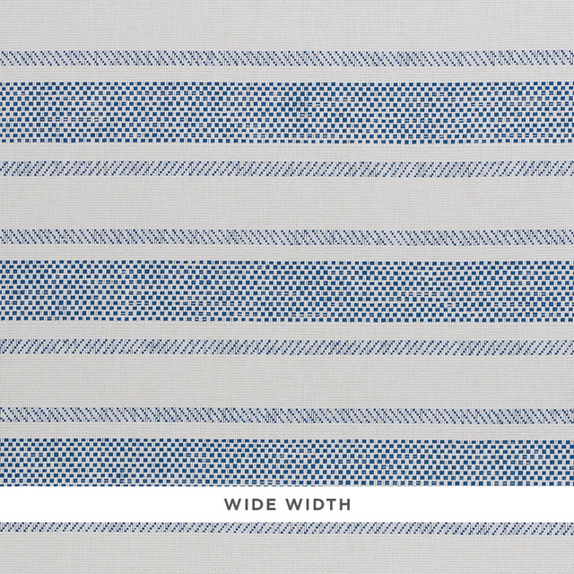 Oxnard Paperweave blue and white woven stripe wallpaper by Schumacher, shown in close-up and room setting