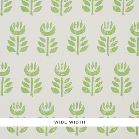 Rosenborg green stylized tulip Scandinavian modern wallpaper by Schumacher, wide width, hand block print look