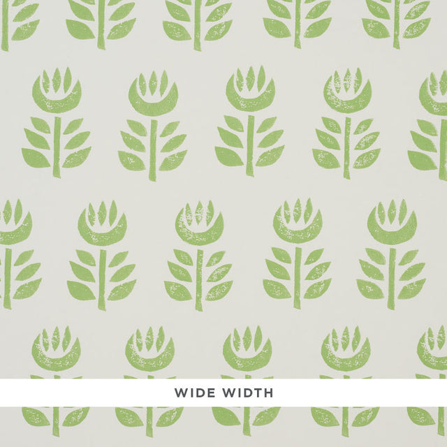 Rosenborg green stylized tulip Scandinavian modern wallpaper by Schumacher, wide width, hand block print look
