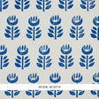 Rosenborg Navy stylized tulip Scandinavian modern wallpaper by Schumacher, shown in a bathroom interior and close-up pattern view.