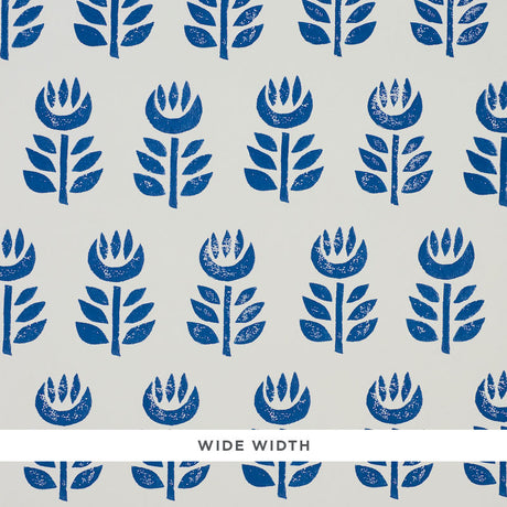 Rosenborg Navy stylized tulip Scandinavian modern wallpaper by Schumacher, shown in a bathroom interior and close-up pattern view.