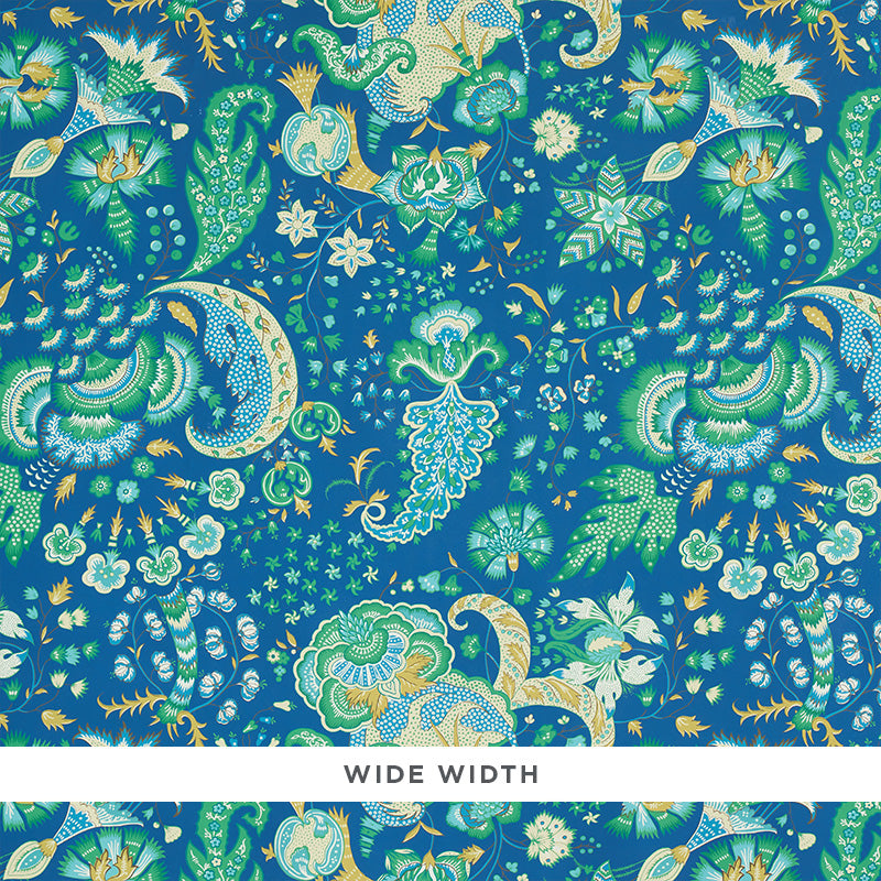Majorelle wide-width blue floral wallpaper by Schumacher, inspired by Ballet Russes sets and costumes, shown in a detailed pattern.