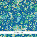 Majorelle wide-width blue floral wallpaper by Schumacher, inspired by Ballet Russes sets and costumes, shown in a detailed pattern.