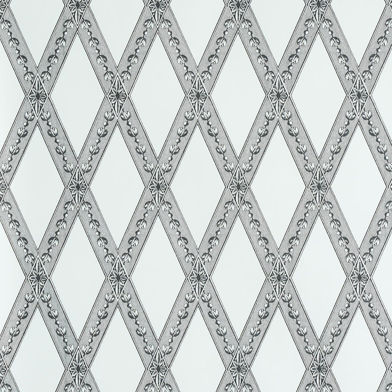 LES LOSANGES TOILE wallpaper in Carbon by Schumacher, featuring a trellis and lozenge motif inspired by antique etchings.