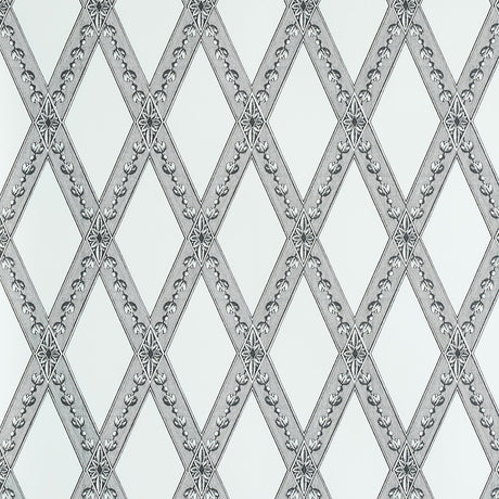 LES LOSANGES TOILE wallpaper in Carbon by Schumacher, featuring a trellis and lozenge motif inspired by antique etchings.
