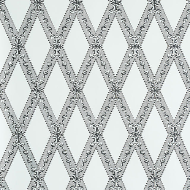 LES LOSANGES TOILE wallpaper in Carbon by Schumacher, featuring a trellis and lozenge motif inspired by antique etchings.