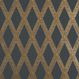 LES LOSANGES TOILE wallpaper in gold on black, featuring a trellis and lozenge motif inspired by antique etchings, designed by Jill Lasersohn for Schumacher.