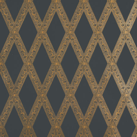 LES LOSANGES TOILE wallpaper in gold on black, featuring a trellis and lozenge motif inspired by antique etchings, designed by Jill Lasersohn for Schumacher.