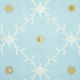 Palladio Trellis Sky by Schumacher - stylized trellis wallpaper with sun motif in blue and gold