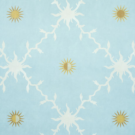Palladio Trellis Sky by Schumacher - stylized trellis wallpaper with sun motif in blue and gold