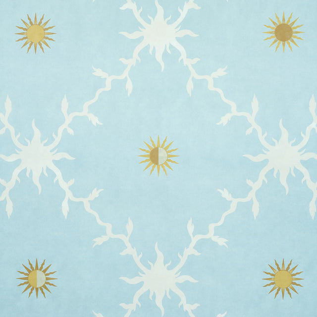 Palladio Trellis Sky by Schumacher - stylized trellis wallpaper with sun motif in blue and gold
