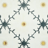 Palladio Trellis wallpaper by Schumacher featuring a stylized trellis and sun motif in black and gold on a light background.