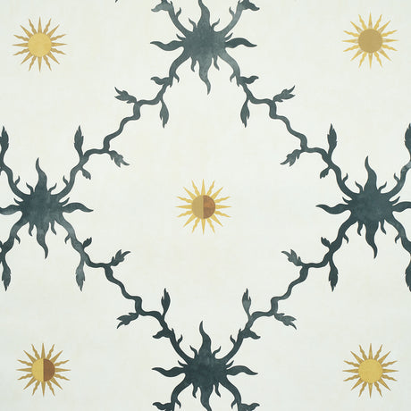 Palladio Trellis wallpaper by Schumacher featuring a stylized trellis and sun motif in black and gold on a light background.