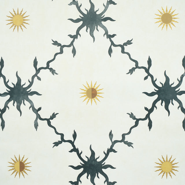 Palladio Trellis wallpaper by Schumacher featuring a stylized trellis and sun motif in black and gold on a light background.