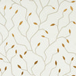 Cymbeline Ivory & Gold botanical branch and leaf motif wallpaper by Schumacher, shown in a styled interior and close-up views.