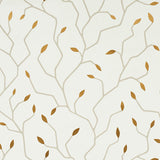 Cymbeline Ivory & Gold botanical branch and leaf motif wallpaper by Schumacher, shown in a styled interior and close-up views.