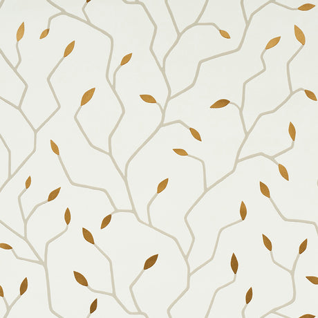 Cymbeline Ivory & Gold botanical branch and leaf motif wallpaper by Schumacher, shown in a styled interior and close-up views.