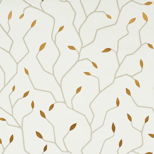 Cymbeline Ivory & Gold botanical branch and leaf motif wallpaper by Schumacher, shown in a styled interior and close-up views.