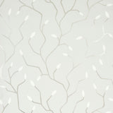 Cymbeline Silver botanical branch and leaf motif wallpaper by Schumacher, modern surface print wallcovering.