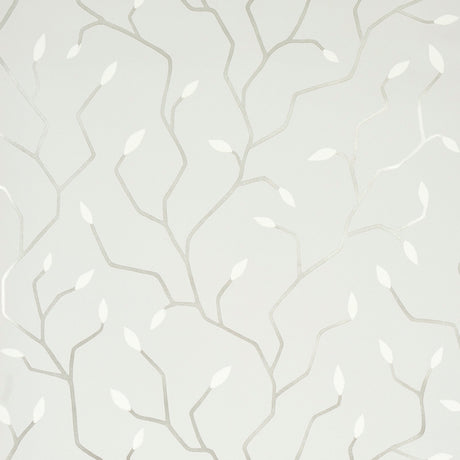 Cymbeline Silver botanical branch and leaf motif wallpaper by Schumacher, modern surface print wallcovering.