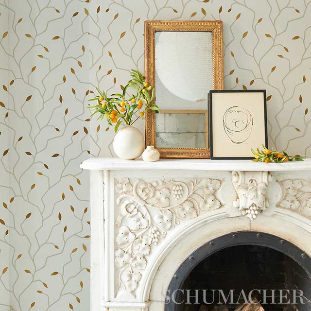 Cymbeline Charcoal & Gold by Schumacher Modern Botanical Wallpaper – Schumacher 5011382