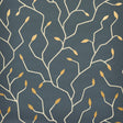 Charcoal and gold stylized branch and leaf motif wallpaper, Cymbeline by Schumacher, modern botanical wallcovering.