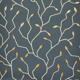 Charcoal and gold stylized branch and leaf motif wallpaper, Cymbeline by Schumacher, modern botanical wallcovering.