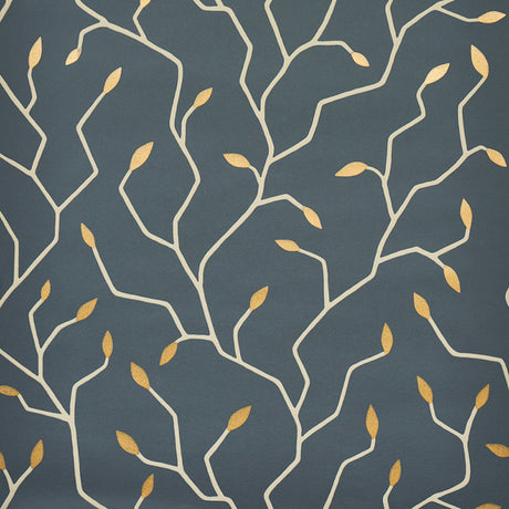 Charcoal and gold stylized branch and leaf motif wallpaper, Cymbeline by Schumacher, modern botanical wallcovering.