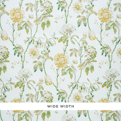 Daydream Citron by Schumacher is a wide-width floral wallpaper featuring enchanting peony blossoms in a subdued color palette.