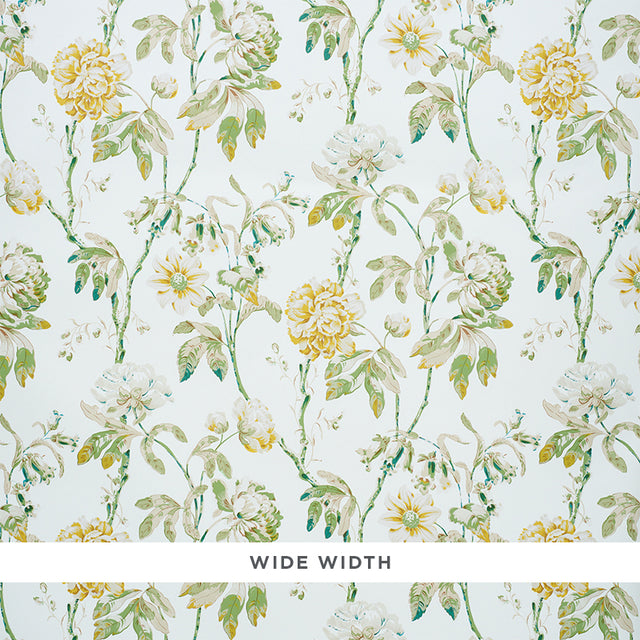 Daydream Citron by Schumacher is a wide-width floral wallpaper featuring enchanting peony blossoms in a subdued color palette.
