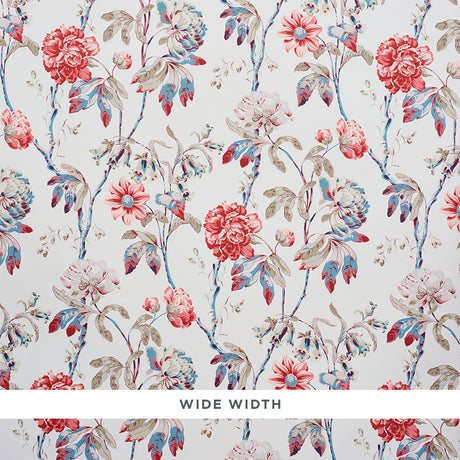 DAYDREAM Rose by Schumacher - Signature peony floral wallpaper in pink, red, and blue on a white ground